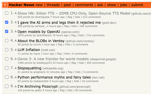 Screenshot of checkboxes appearing next to each article on the Hacker News homepage
