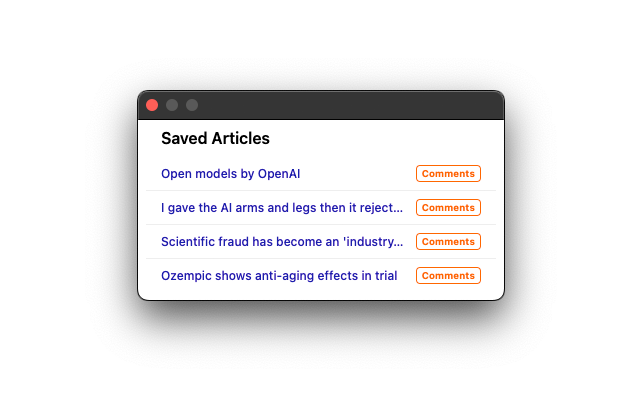 Screenshot of the extension's popup window showing a list of saved articles